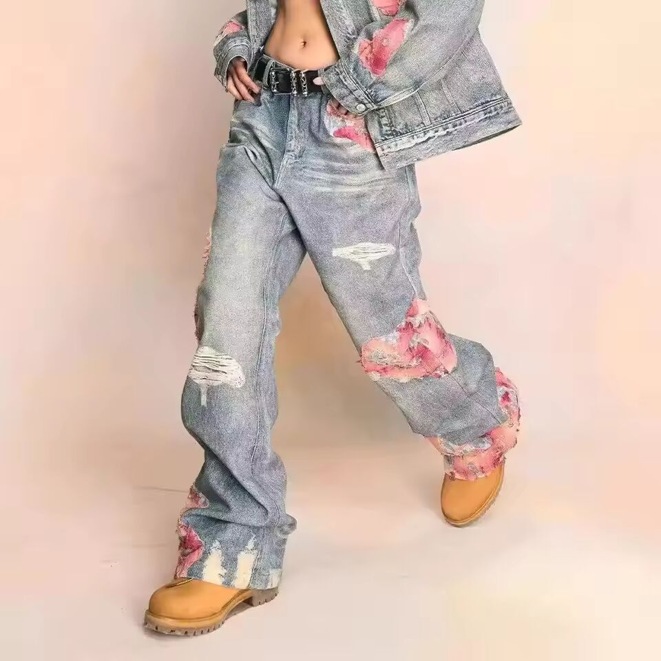Y2k Grunge Ripped Print Contrast Patchwork Straight Harajuku Hip Hop Casual Baggy Trendy High Waist Hallow Out Jeans