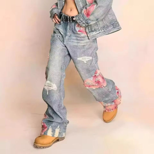 Y2k Grunge Ripped Print Contrast Patchwork Straight Harajuku Hip Hop Casual Baggy Trendy High Waist Hallow Out Jeans