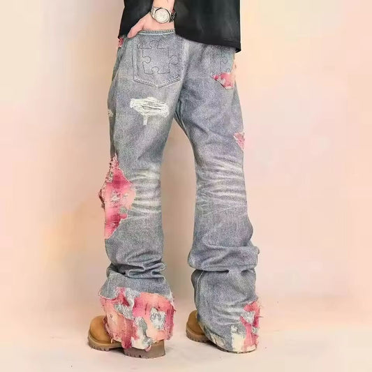 Y2k Grunge Ripped Print Contrast Patchwork Straight Harajuku Hip Hop Casual Baggy Trendy High Waist Hallow Out Jeans