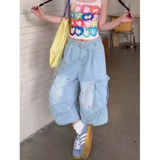 Heart Pattern Stripe Cargo Seven Quarter Jeans Summer Wide Leg Men Jorts Loose Fit Male Denim Shorts American Style 9WUW