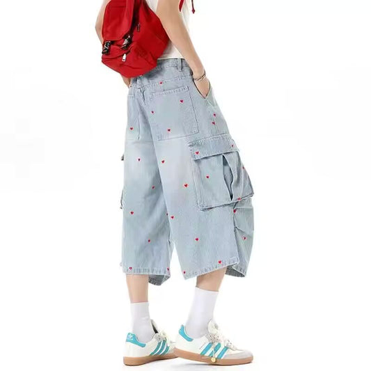 Heart Pattern Stripe Cargo Seven Quarter Jeans Summer Wide Leg Men Jorts Loose Fit Male Denim Shorts American Style 9WUW